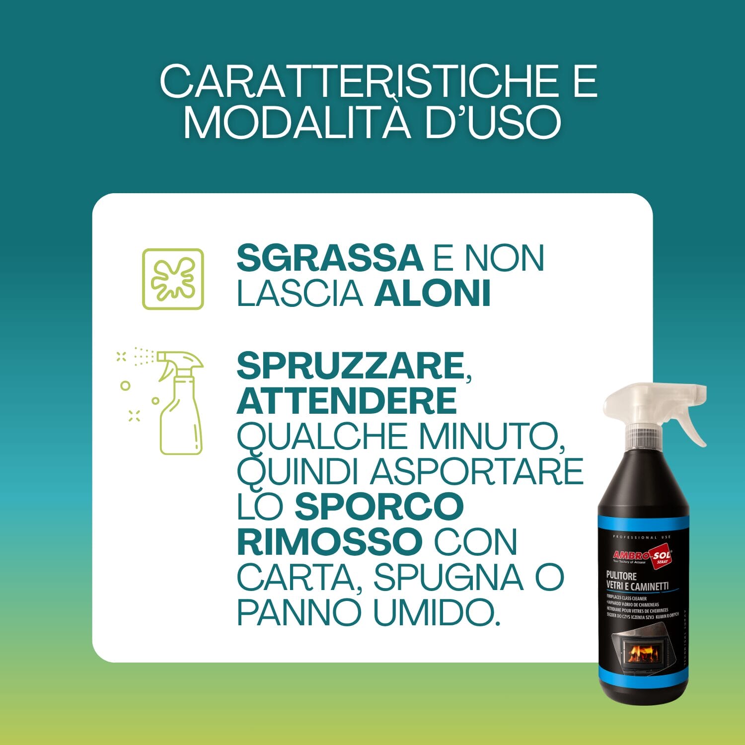Pulitore vetri caminetti Ambro-Sol 750ml sgrassa senza aloni - Made in Italy