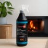 Pulitore vetri caminetti Ambro-Sol 750ml ambientato davanti al camino acceso