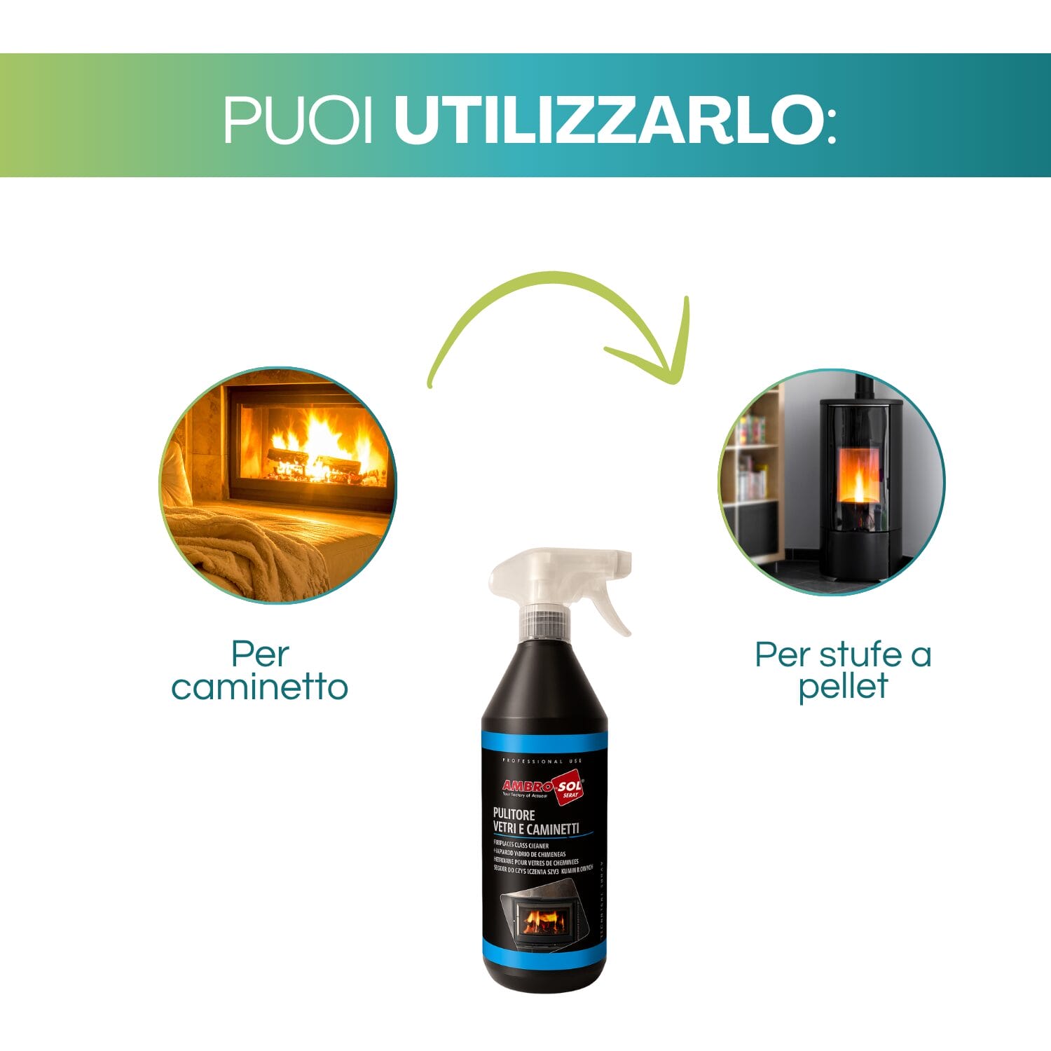 Pulitore vetri caminetti Ambro-Sol per camino e stufe a pellet 750ml
