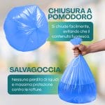 Sacchi spazzatura blu salvagoccia con chiusura a pomodoro anti perdita