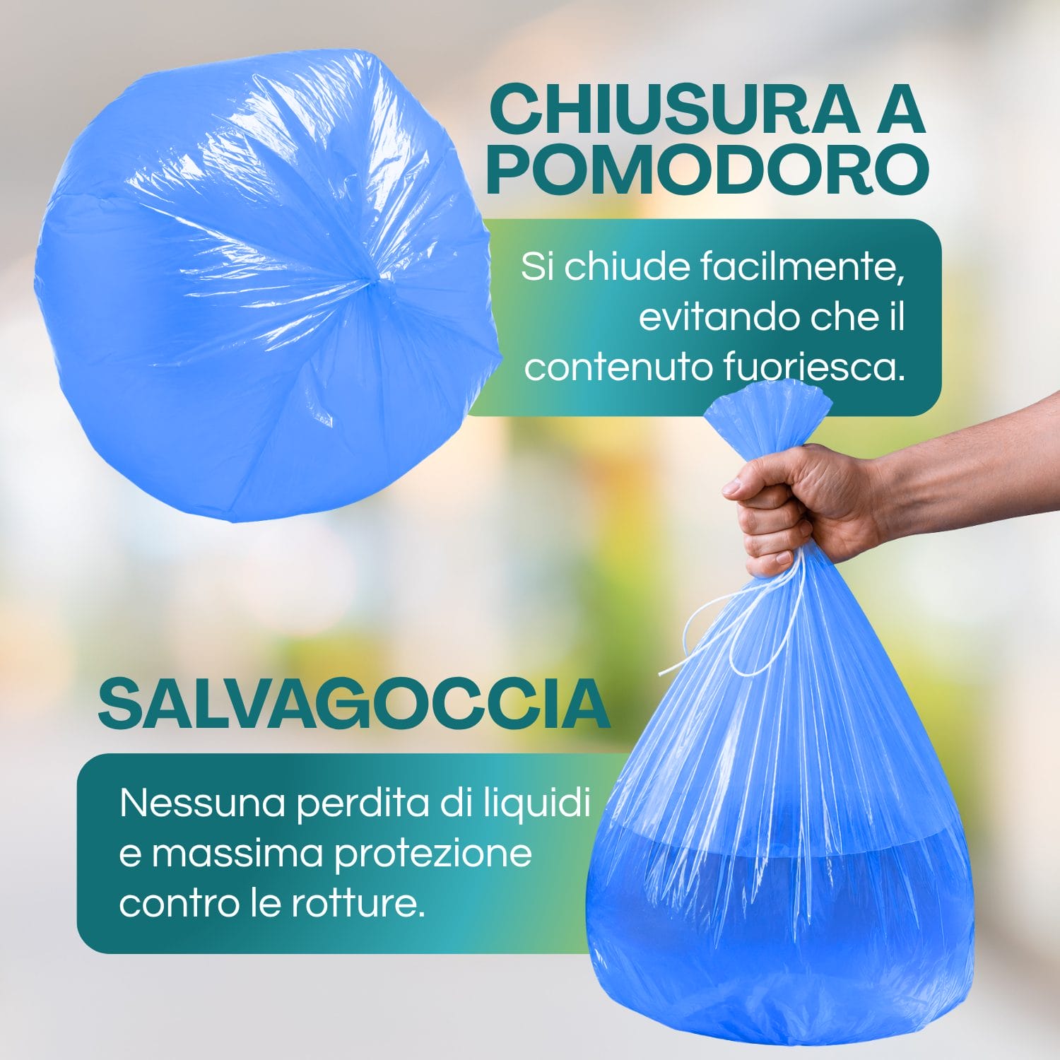 Sacchi spazzatura blu salvagoccia con chiusura a pomodoro anti perdita
