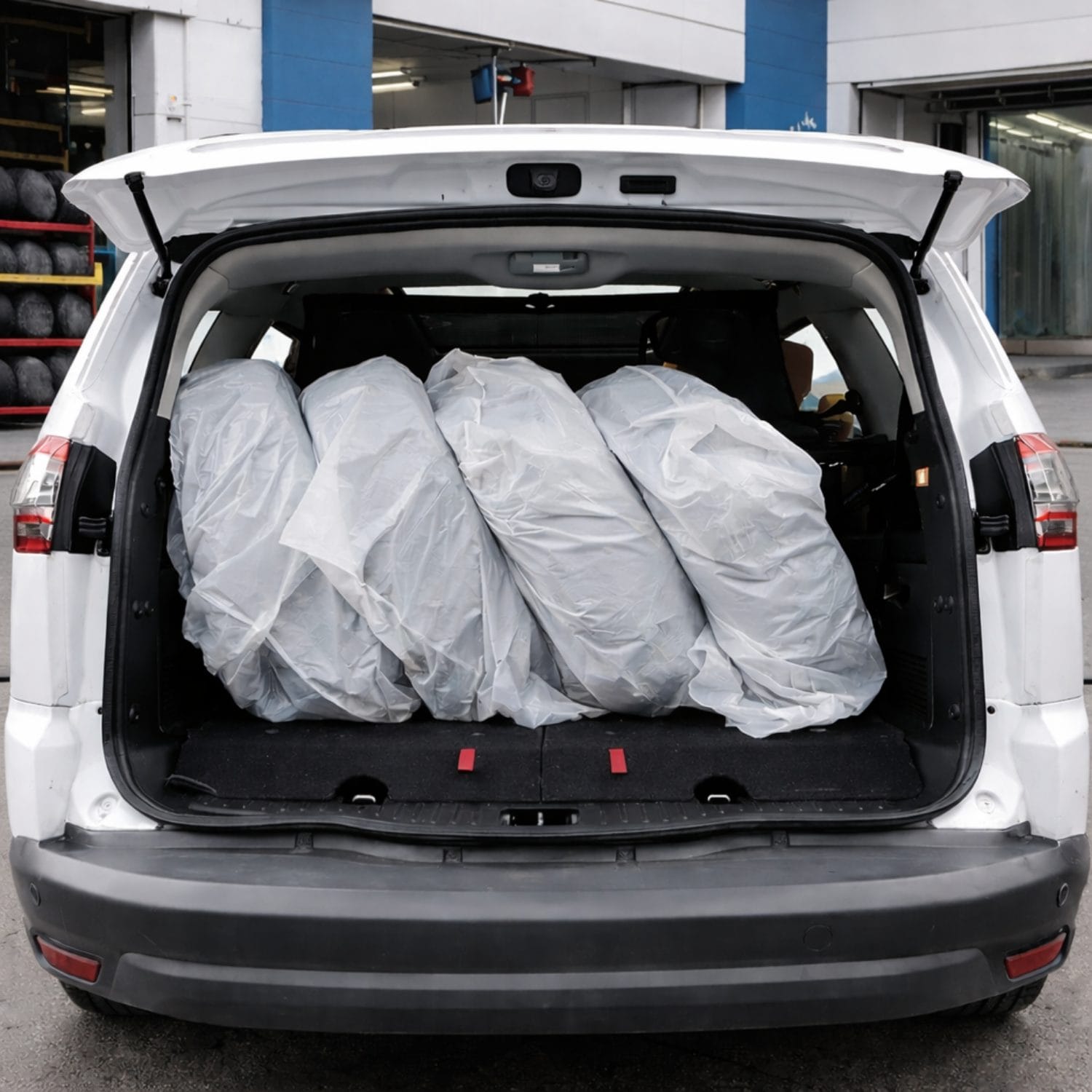 sacchi pneumatici coreografica Pneumatici avvolti in sacchi protettivi in plastica trasparente nel bagagliaio dell’auto