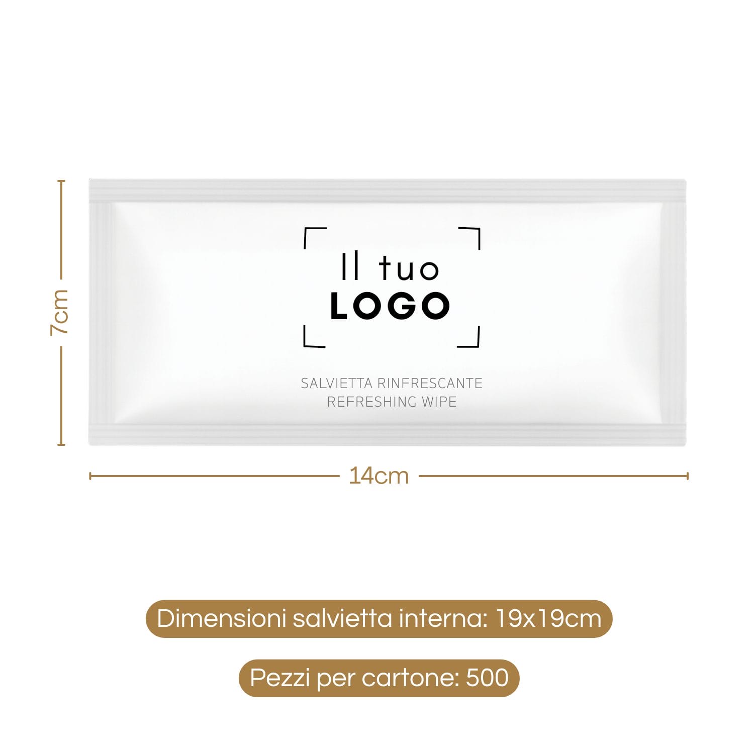 Salvietta umidificata personalizzabile 14×7 cm con dimensioni e salvietta interna 19×19 cm