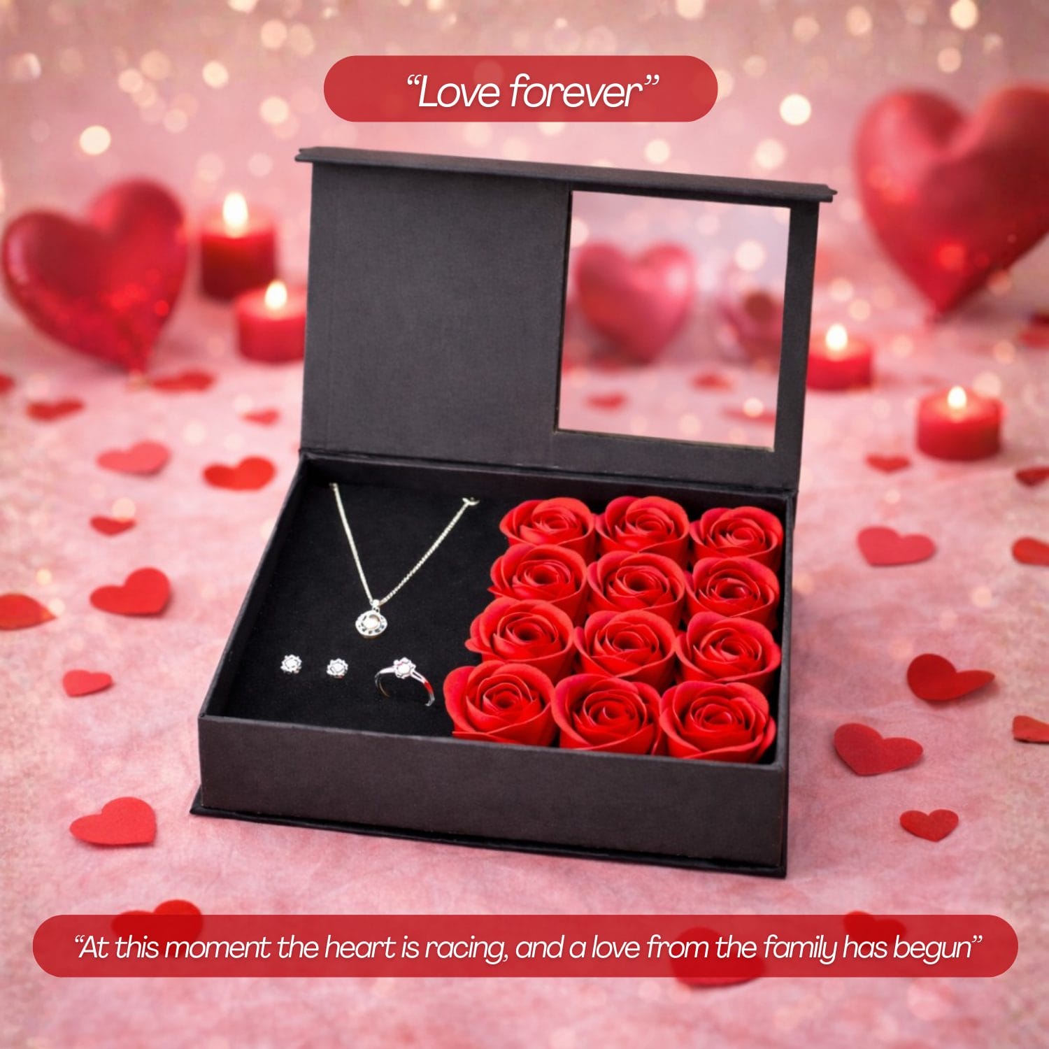 scatola portagioielli frase Cofanetto portagioielli con frase romantica e rose rosse decorative
