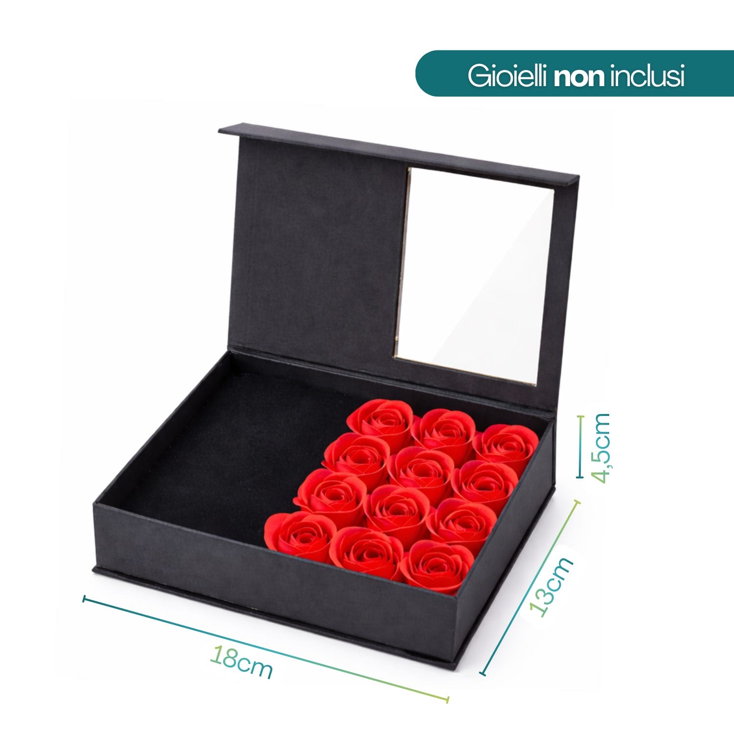 scatola portagioielli misure Scatola portagioielli 18x13x4,5 cm con 12 rose artificiali