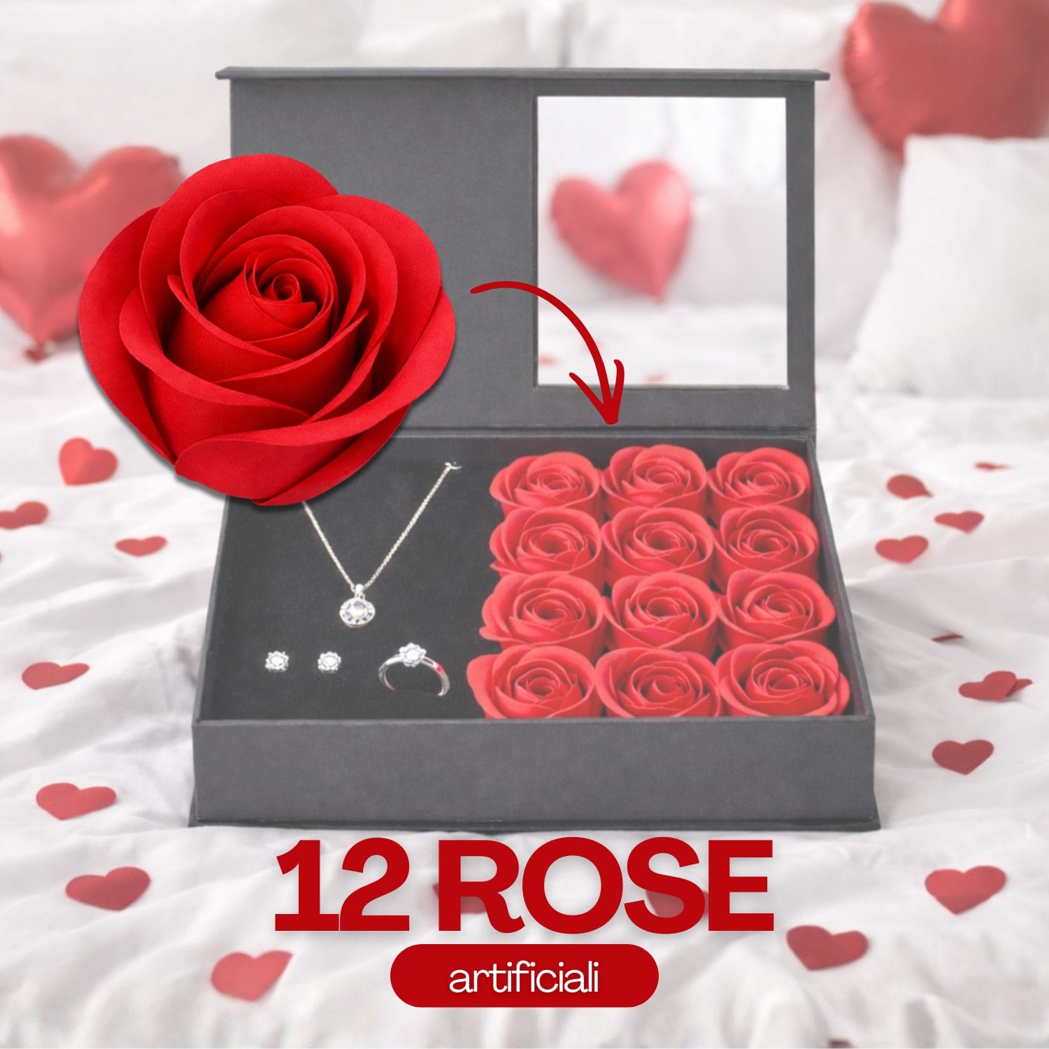 scatola portagioielli rose Dettaglio rose rosse artificiali incluse nella scatola regalo