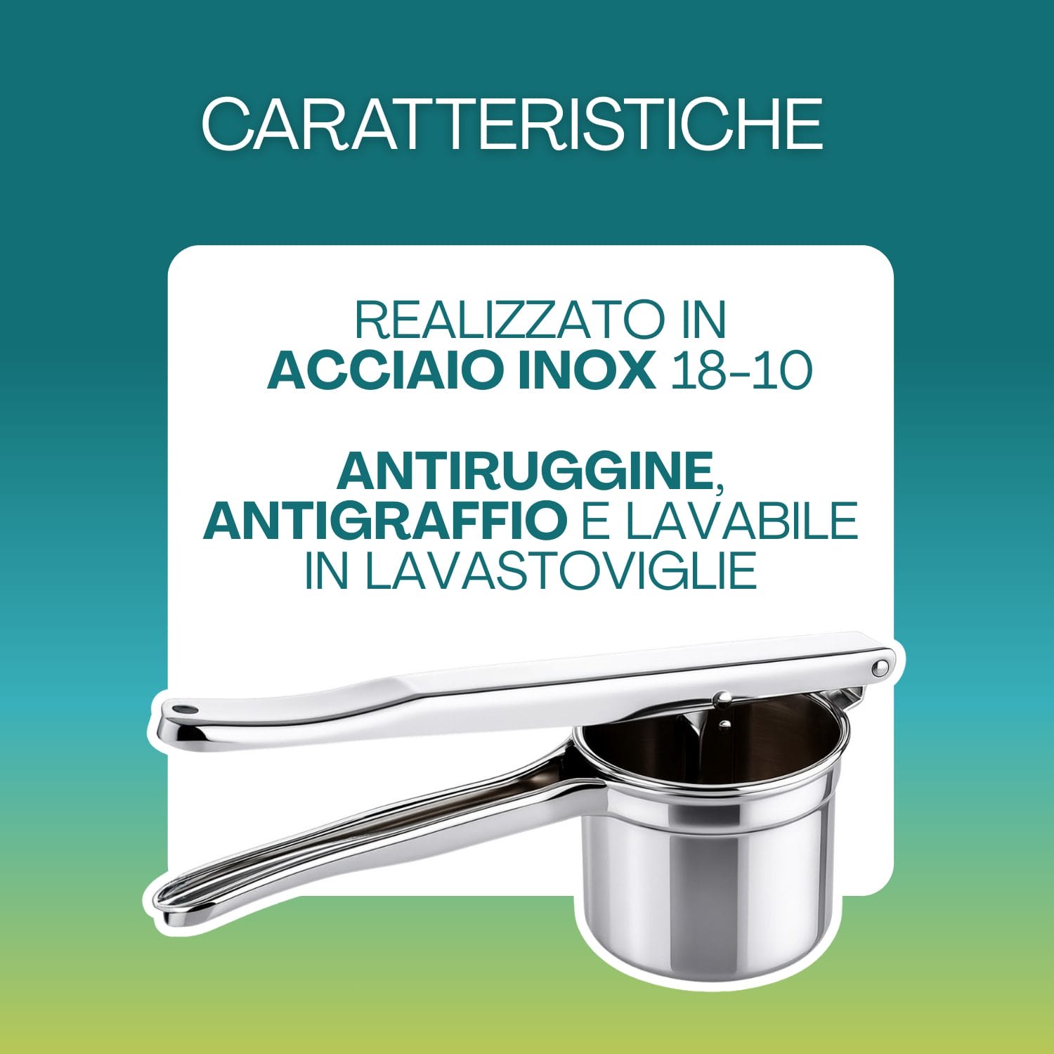 Schiacciapatate in acciaio inox con misure 20 cm 15 cm 8 cm 7 cm