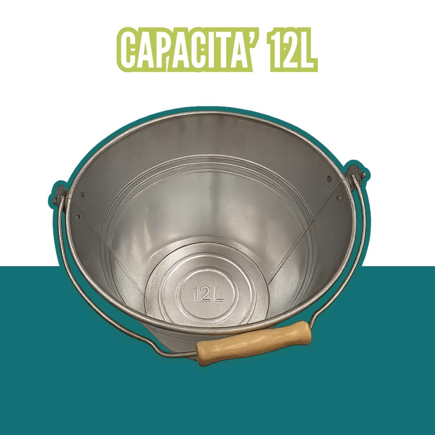 Secchio zincato da 12 litri visto dall’alto con manico in legno