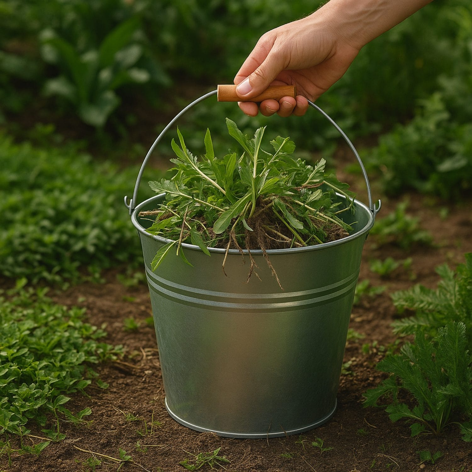 Secchio zincato usato in giardino per raccogliere erbacce e materiali verdi