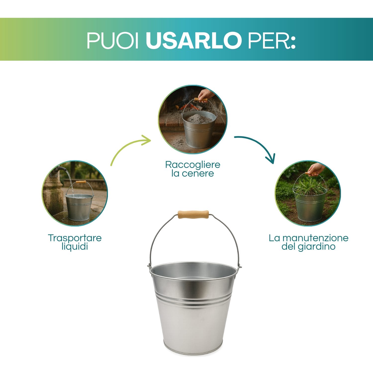 Secchio zincato multiuso per liquidi, raccolta cenere e manutenzione del giardino