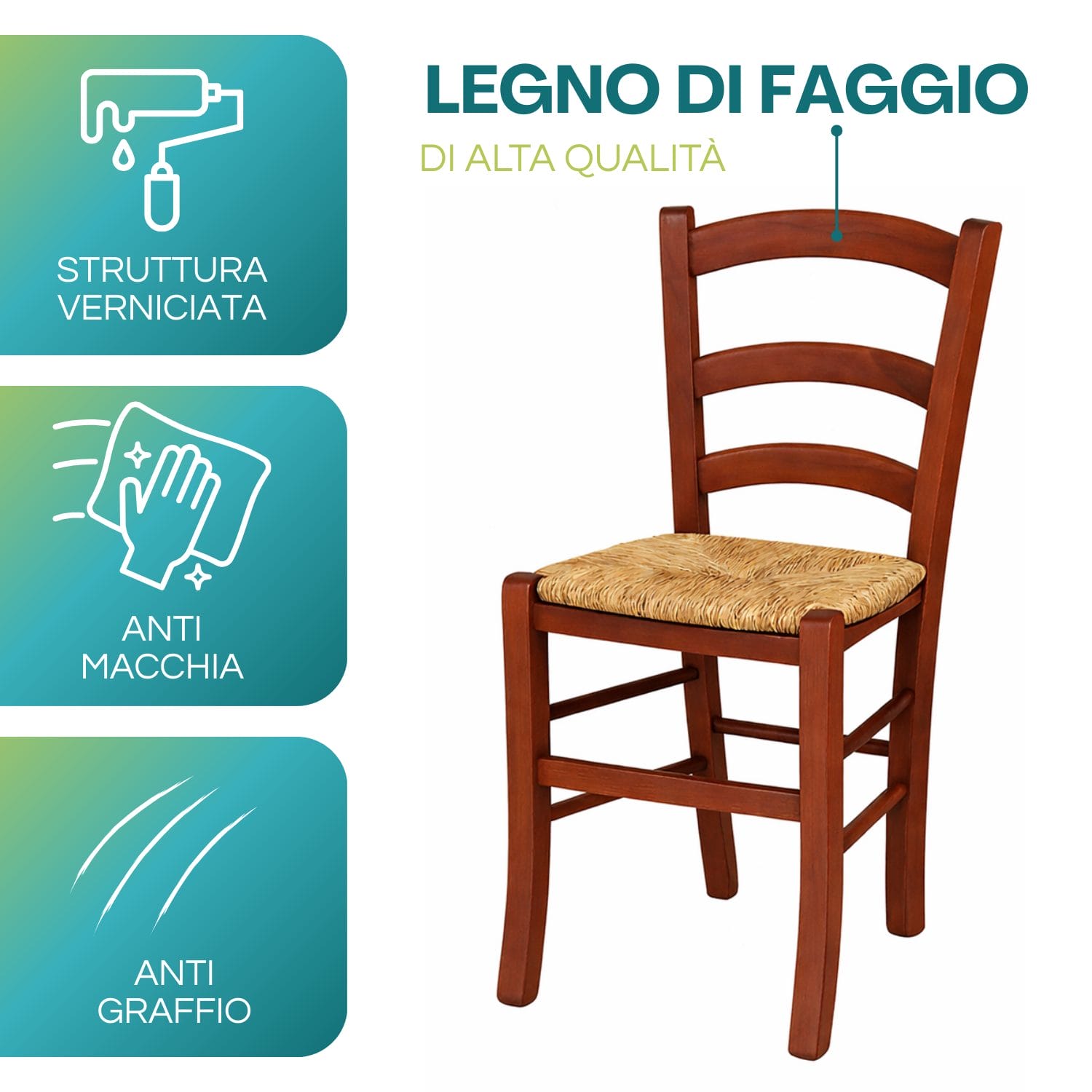 sedia paesana caratteristiche (6) Sedia in legno di faggio noce scuro con seduta in paglia verniciata anti macchia