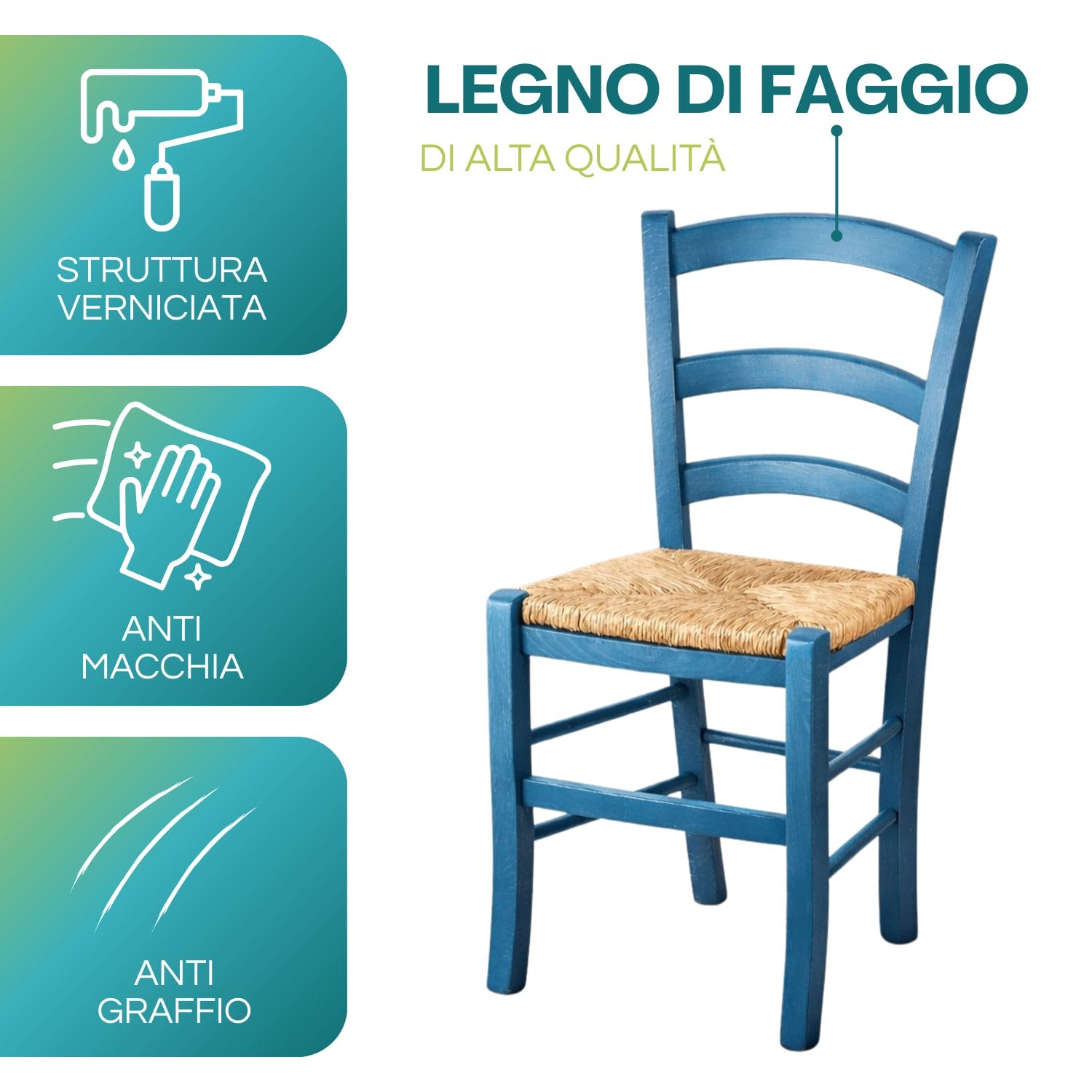 sedia paesana caratteristiche Sedia in legno di faggio azzurro con seduta in paglia verniciata anti macchia