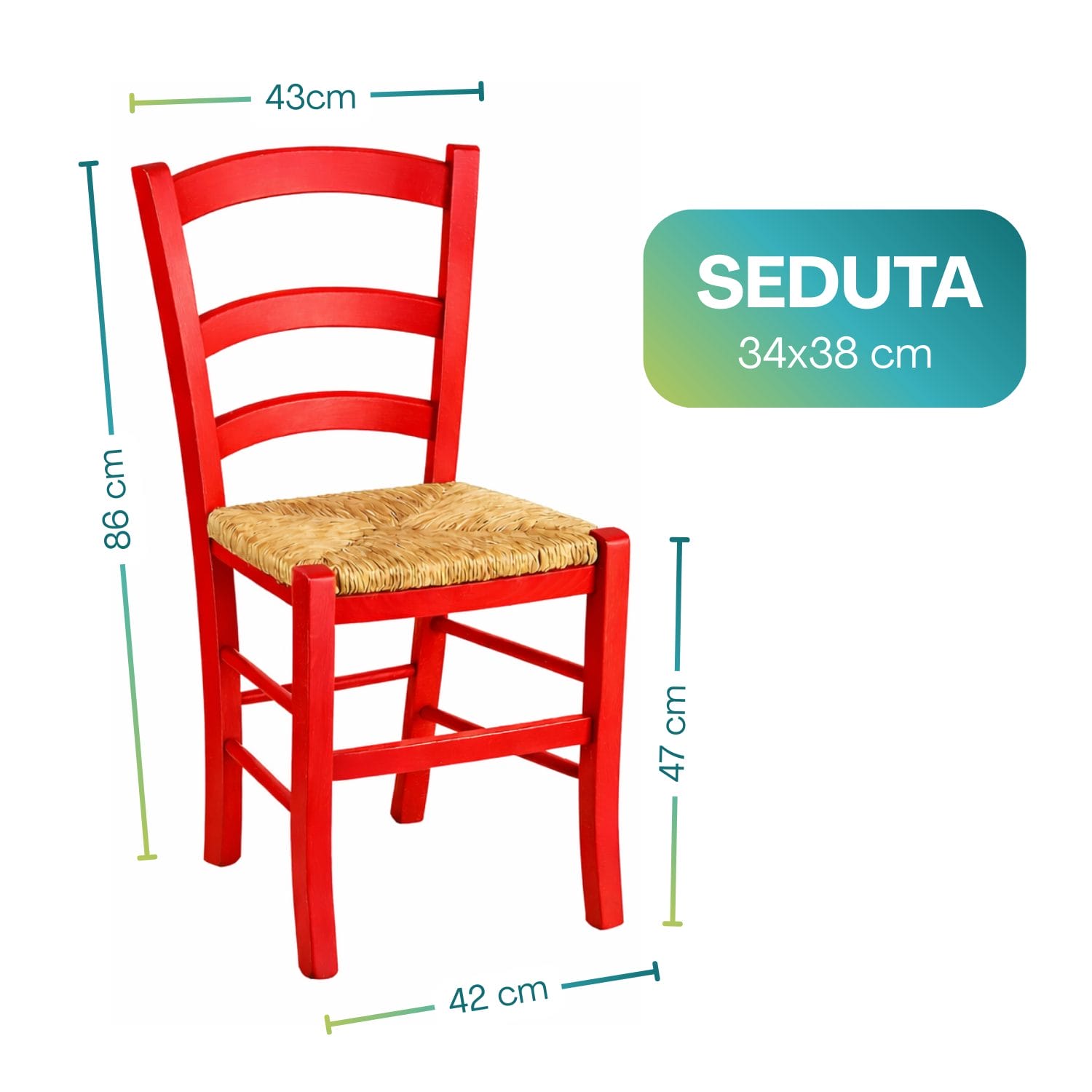 sedia paesana misure (3) Sedia paesana in legno rosso con seduta in paglia dimensioni 86x43x42 cm