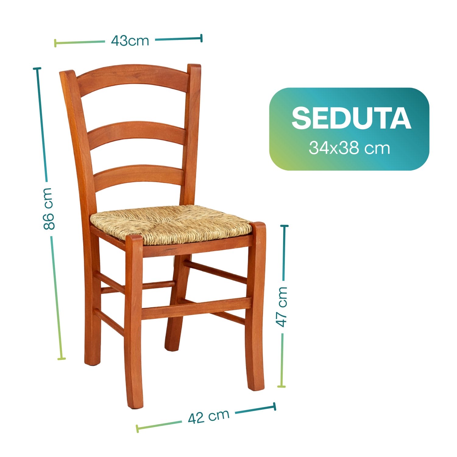 sedia paesana misure (5) Sedia paesana in legno naturale con seduta in paglia dimensioni 86x43x42 cm