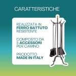 set attrezzi camino caratteristiche Set attrezzi da camino in ferro battuto con 5 accessori e supporto Made in Italy