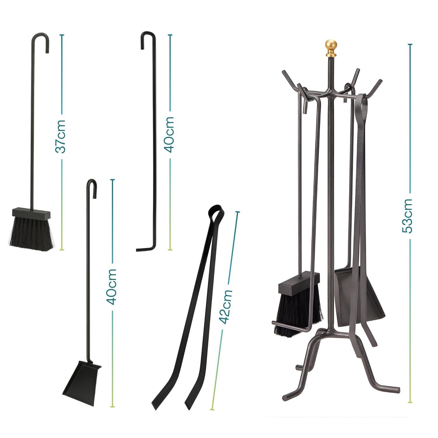 Set attrezzi camino con scopa, paletta, pinza e attizzatoio con misure da 37 a 53 cm