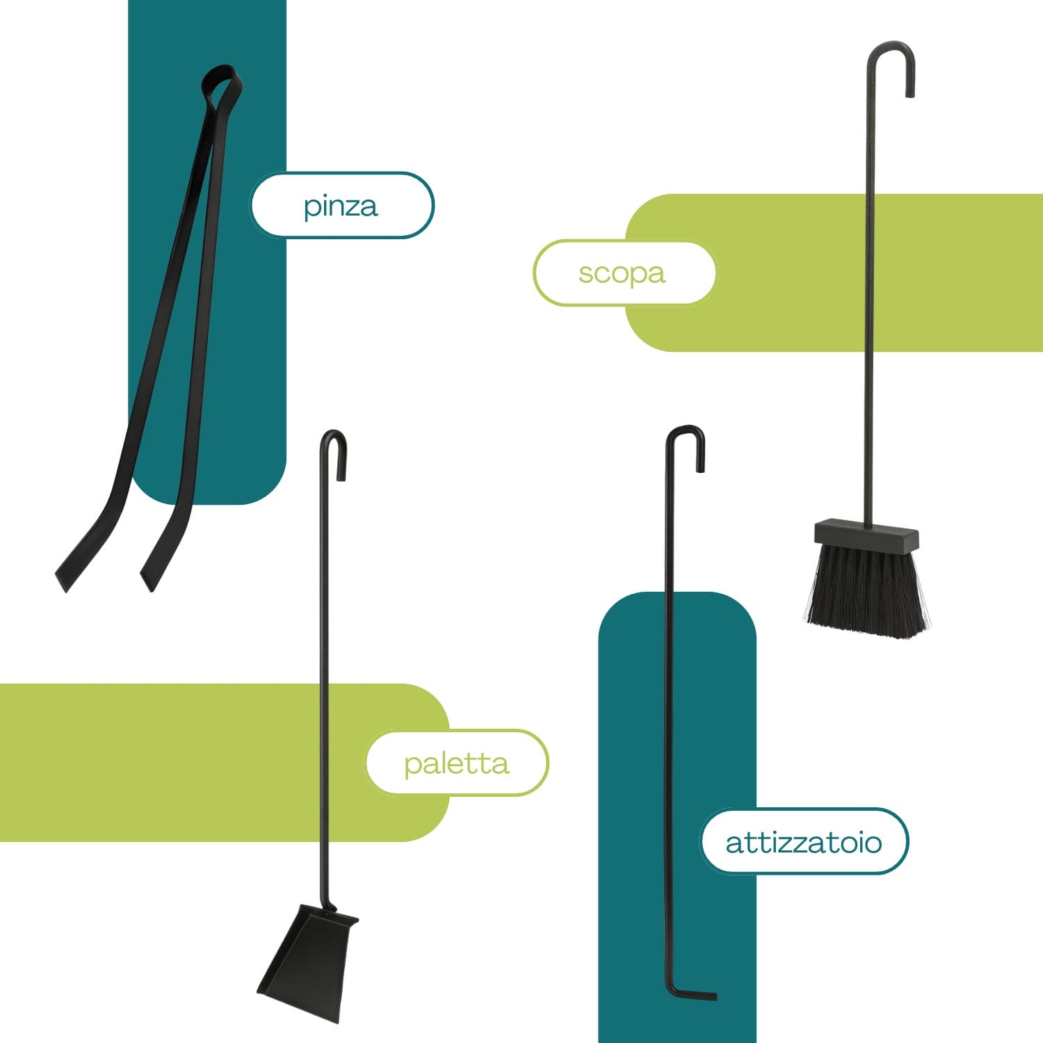 Accessori camino: pinza, scopa, paletta e attizzatoio in ferro battuto