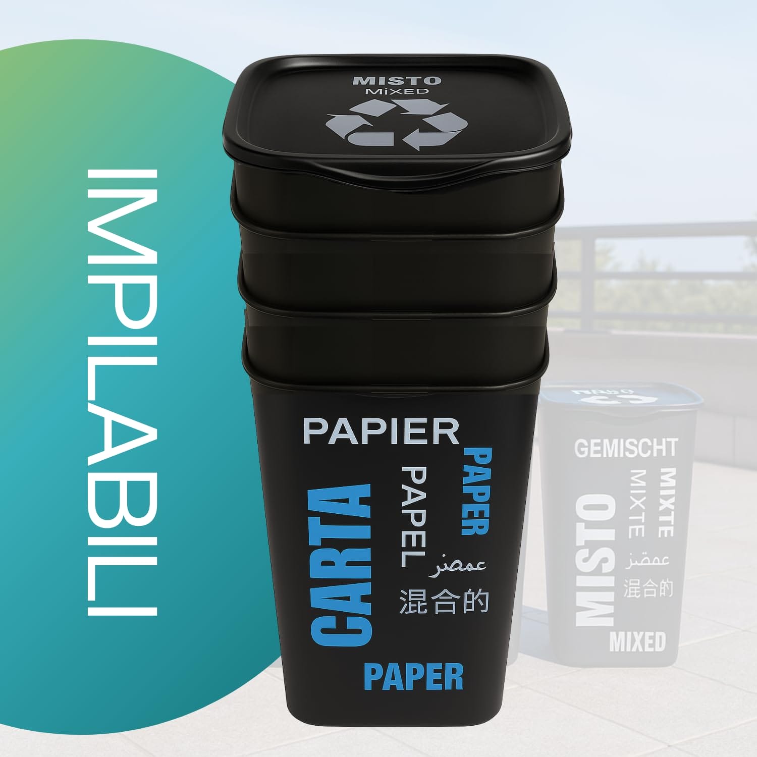 Pattumiere raccolta differenziata 50 litri impilabili salva spazio con coperchio