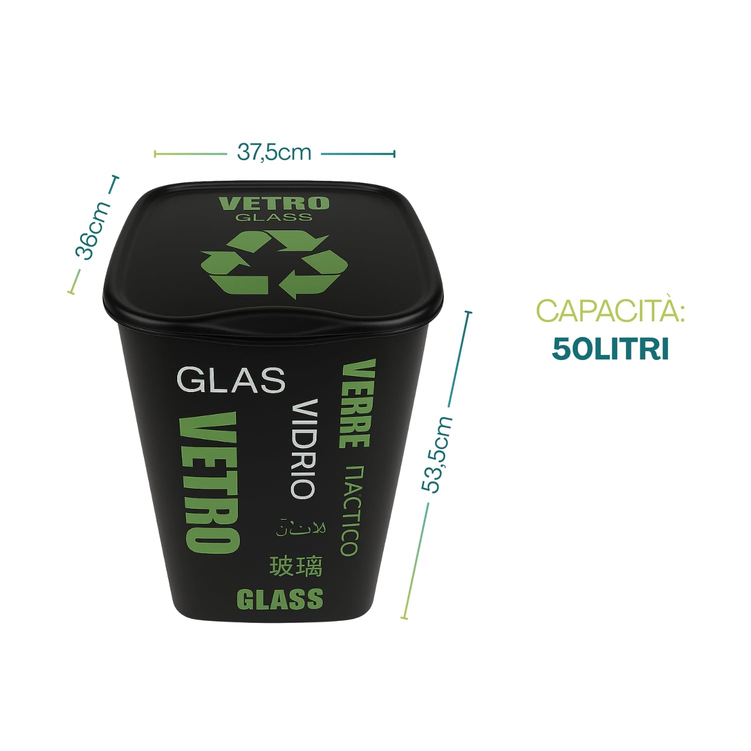 Bidone differenziata vetro 50L con coperchio, misure 53,5x37,5x36 cm Made in Italy