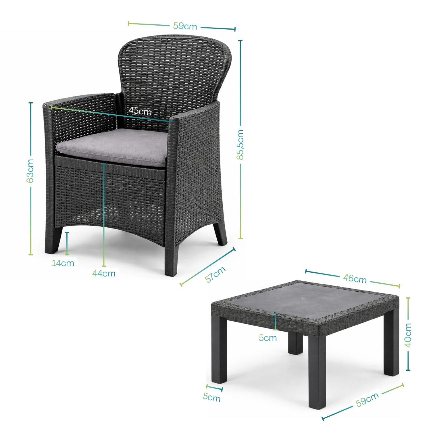 set salottino per 2 misure Misure del set salottino effetto rattan con tavolino e sedute