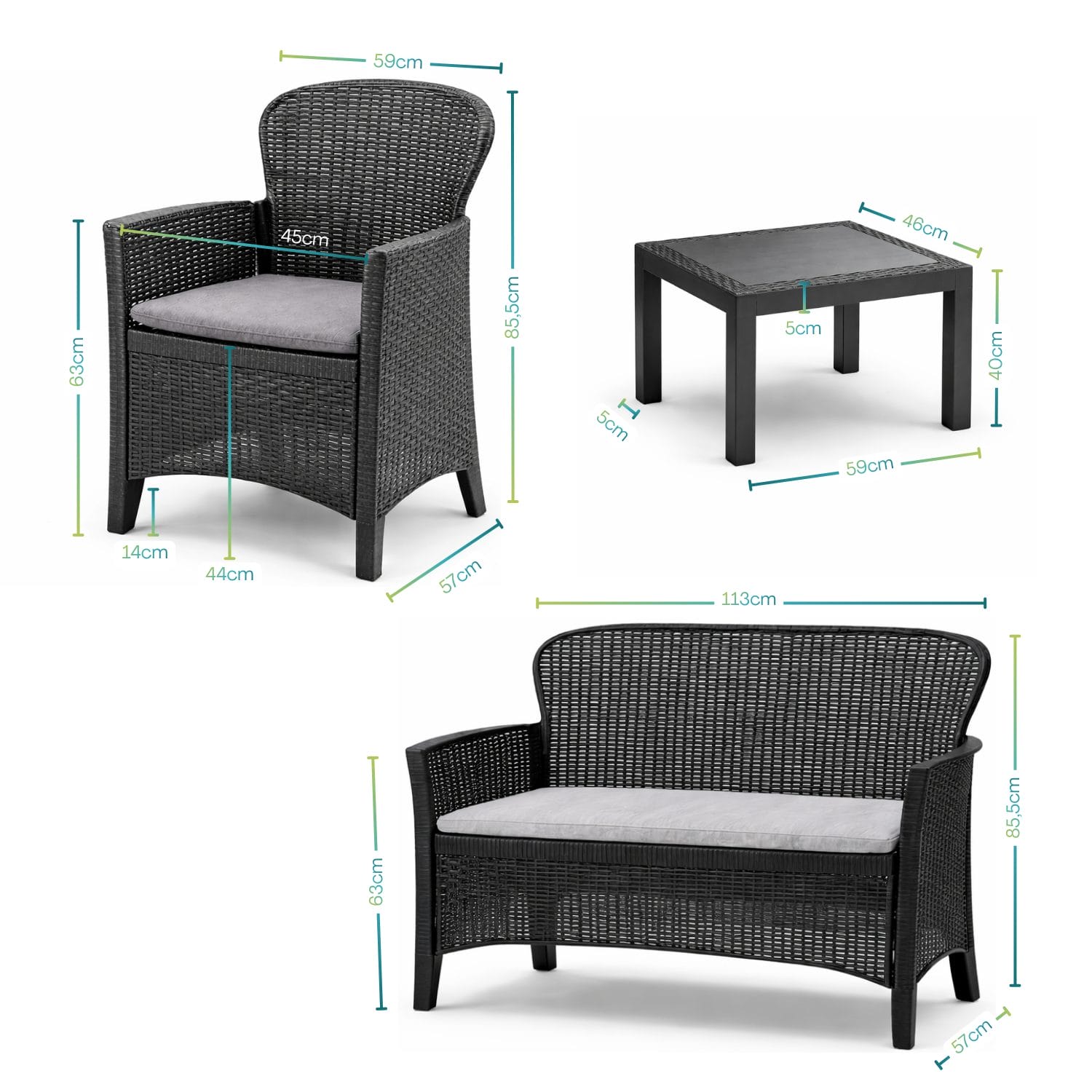 Misure del set salottino effetto rattan con tavolino e sedute
