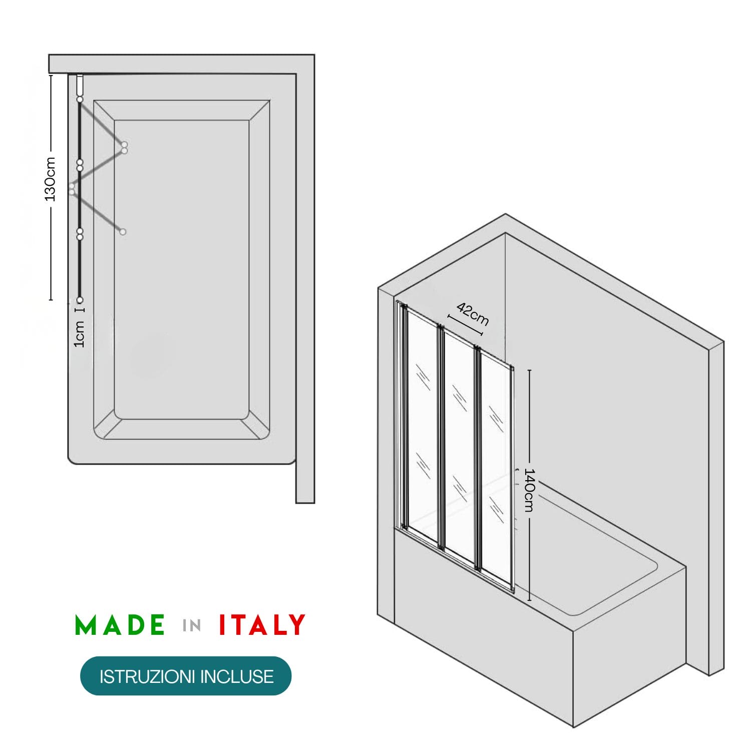 Schema tecnico sopravasca 3 ante con misure 130x140x42 cm Made in Italy
