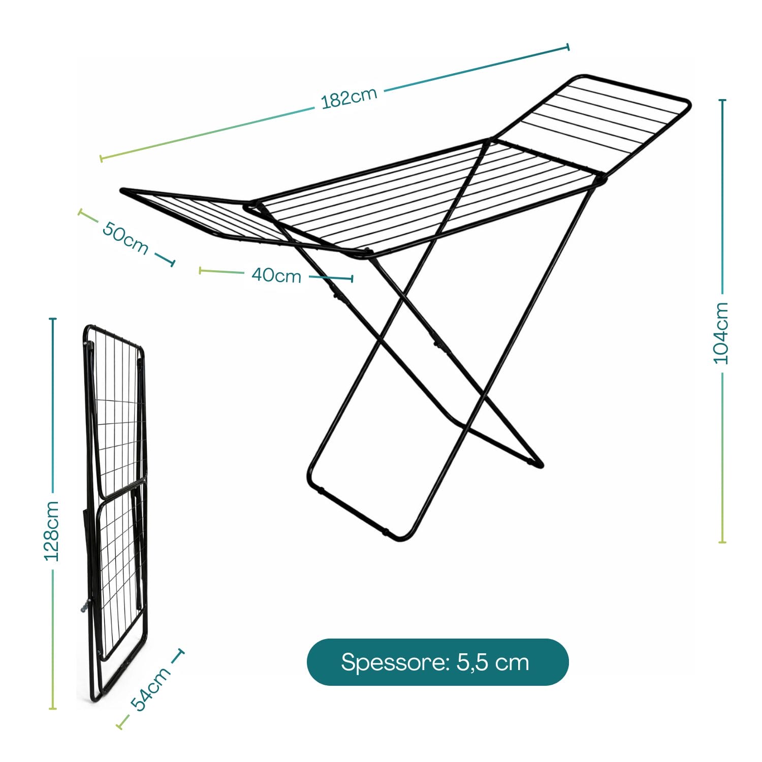 Stendibiancheria pieghevole dimensioni 182x104 cm con chiusura salvaspazio