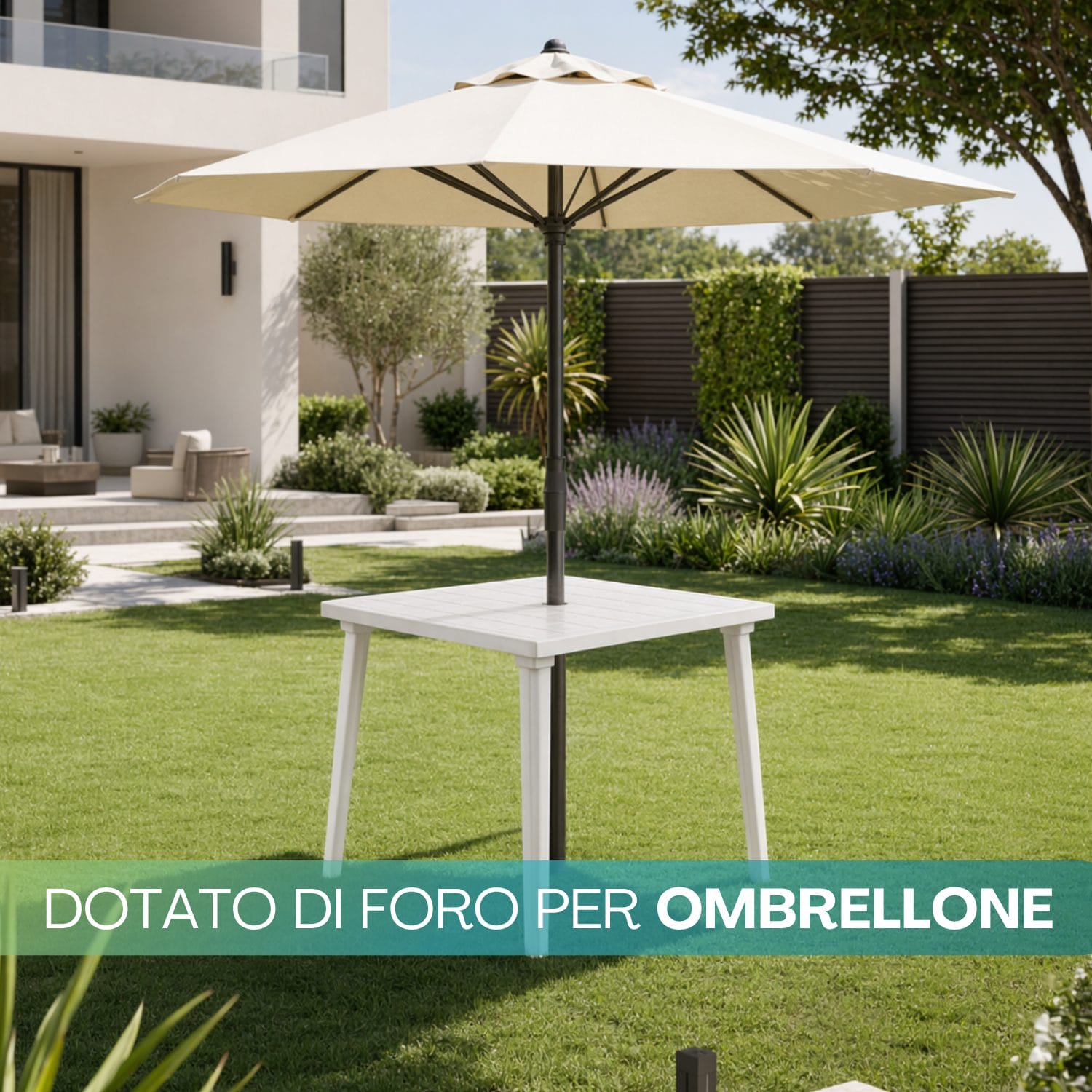 tavolino bianco quadrato foro Tavolo giardino con foro per ombrellone bianco 80x80 cm in plastica resistente