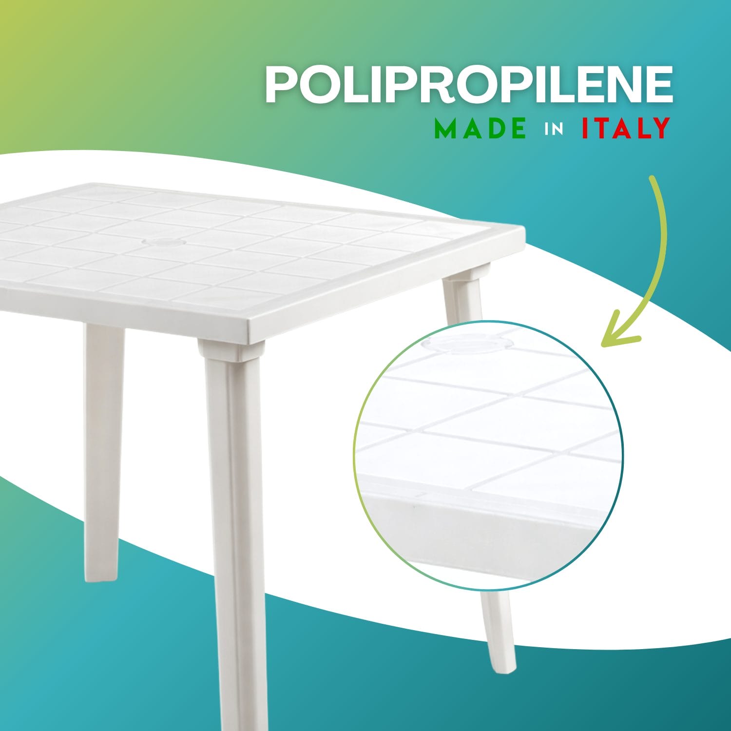 tavolino bianco quadrato mateeriale Tavolo in polipropilene bianco Made in Italy resistente effetto superficie