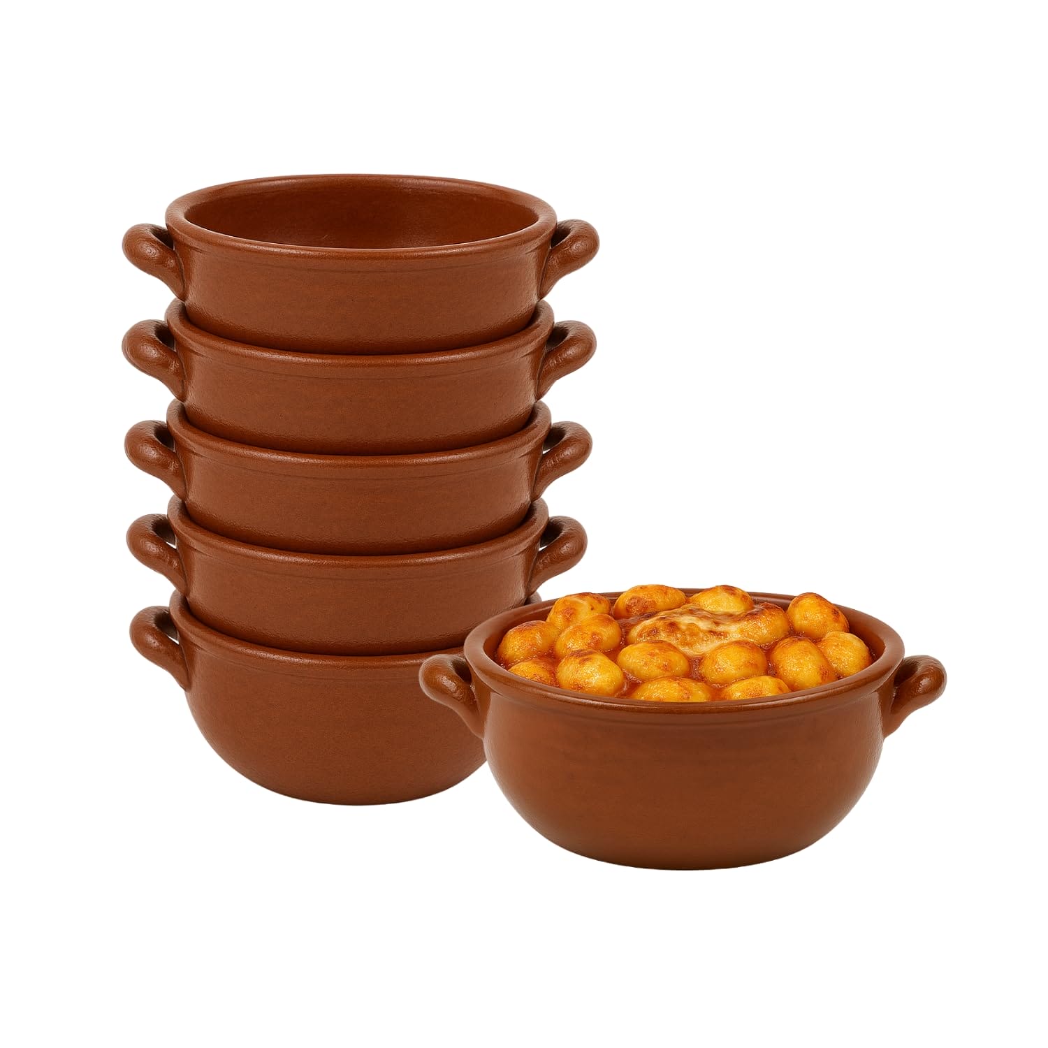 Set 6 tegamini in terracotta marrone con manici per forno e cucina rustica