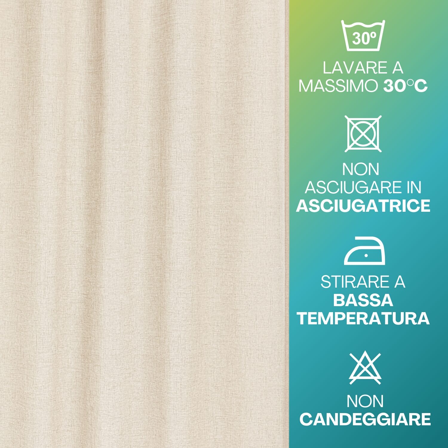 Tenda beige lavabile a 30° in poliestere con istruzioni di manutenzione