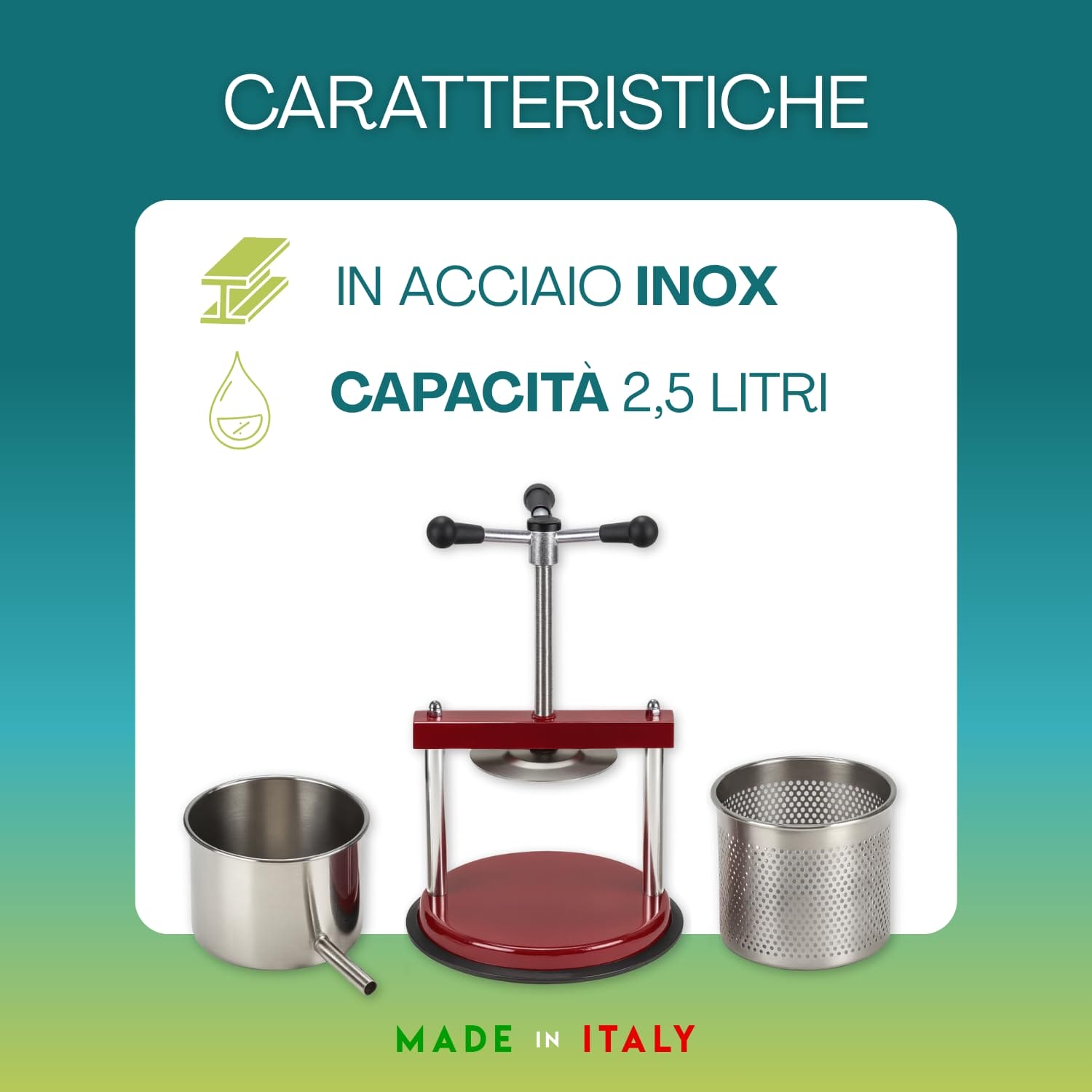 Torchietto inox 2,5 litri Made in Italy con accessori per spremitura frutta e verdura