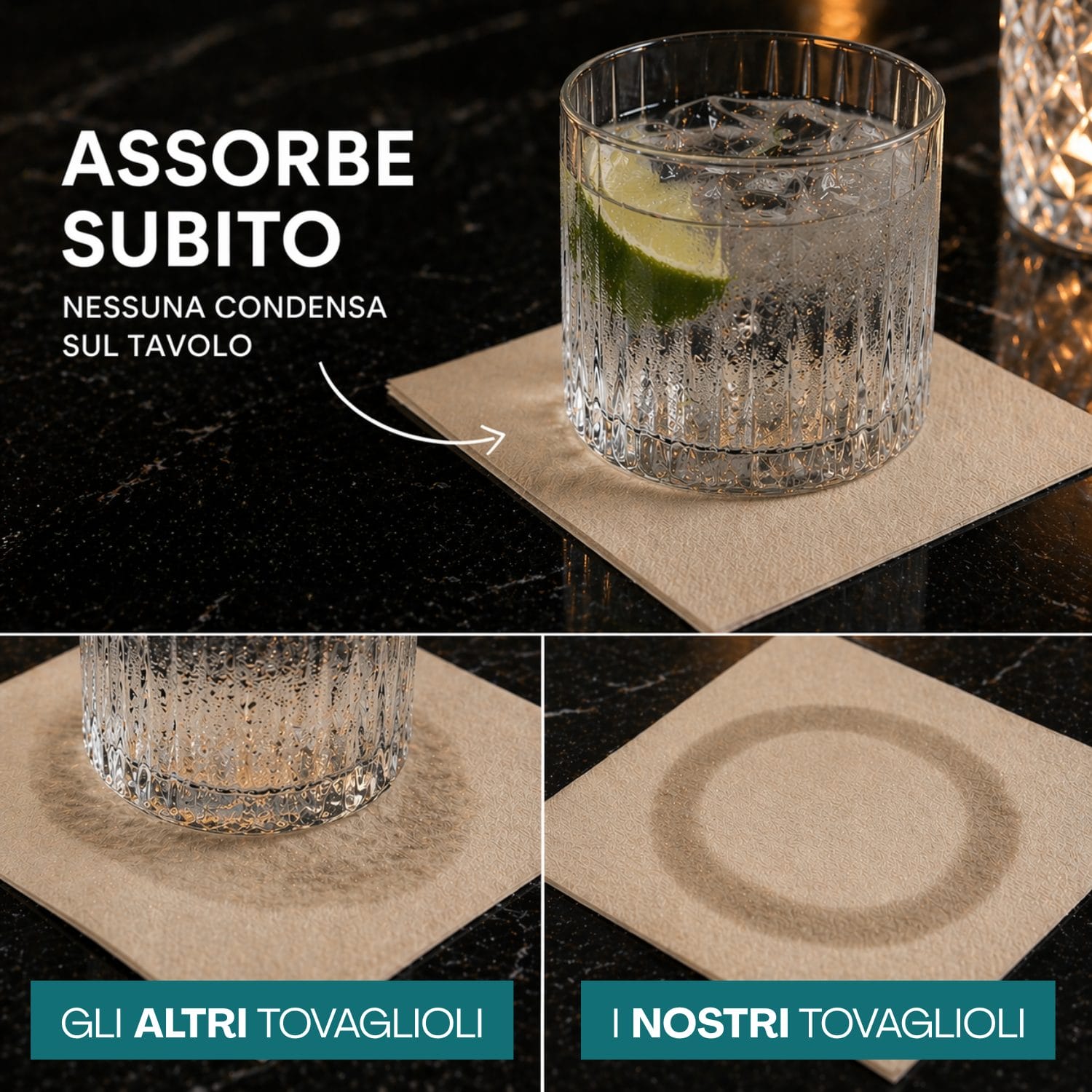 tovagliolini cocktail avana assorbenza Tovagliolini cocktail avana assorbenti, niente condensa sul tavolo, uso bar e casa