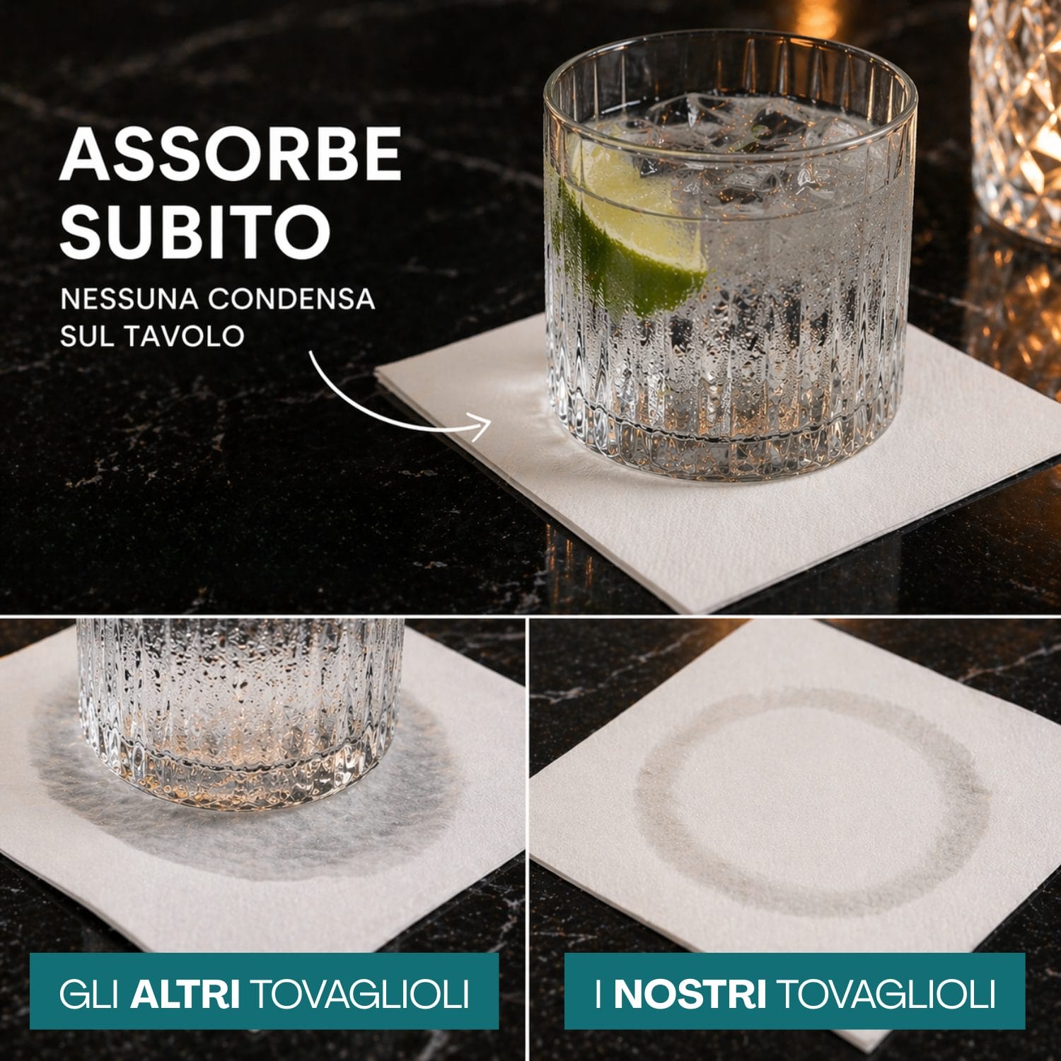 tovagliolini cocktail bianchi assorbenza Tovagliolini cocktail bianchi assorbenti, niente condensa sul tavolo