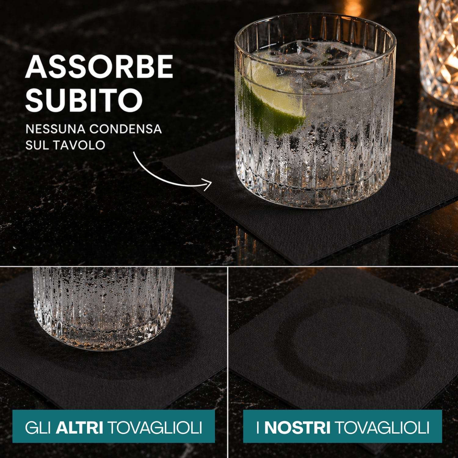 tovagliolini cocktail neri assorbenza Tovagliolini cocktail neri in carta doppio velo, assorbenti senza condensa