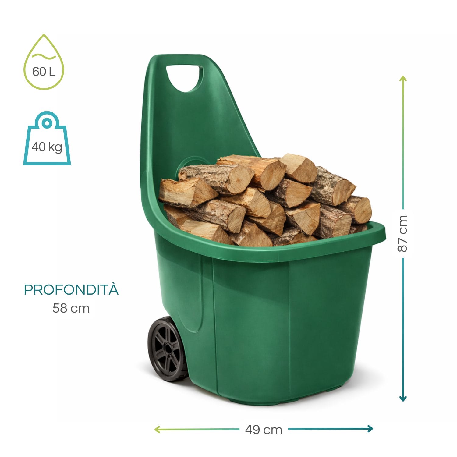 trolley da giardino verde misure Carrello da giardino verde 60 litri con misure 87x49x58 cm portata 40 kg