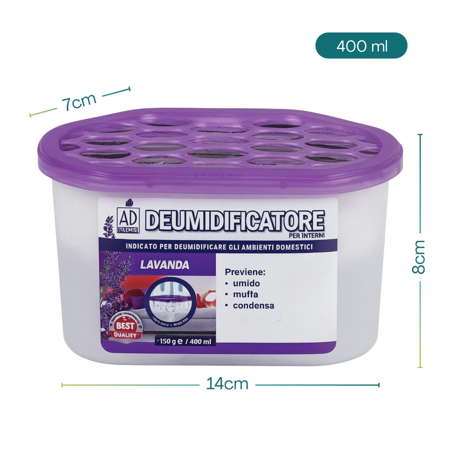 Deumidificatore 400 ml con misure 14x7x8 cm per ambienti domestici
