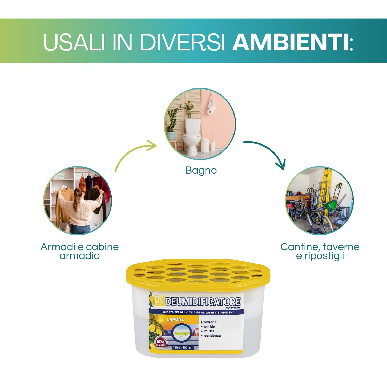 Deumidificatore per bagno armadi cantine contro umidità muffa e odori