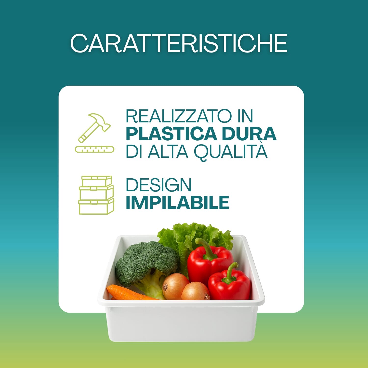 vaschetta-bianca-caratteristiche Vaschetta plastica alimentare bianca impilabile 15 litri con verdure fresche