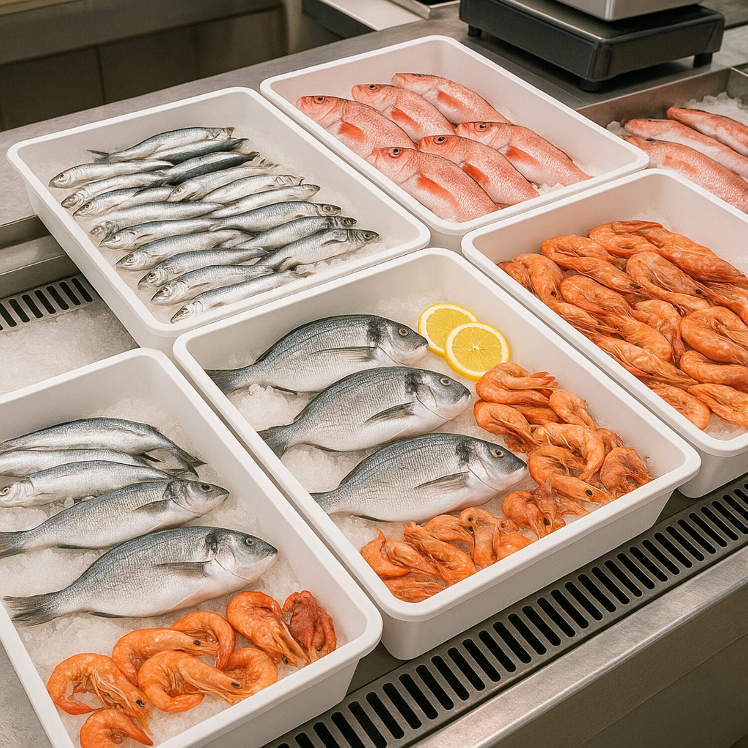 vaschetta-bianca-coreografica1 Vaschetta bianca alimentare per pesce e crostacei esposti su ghiaccio 15 litri