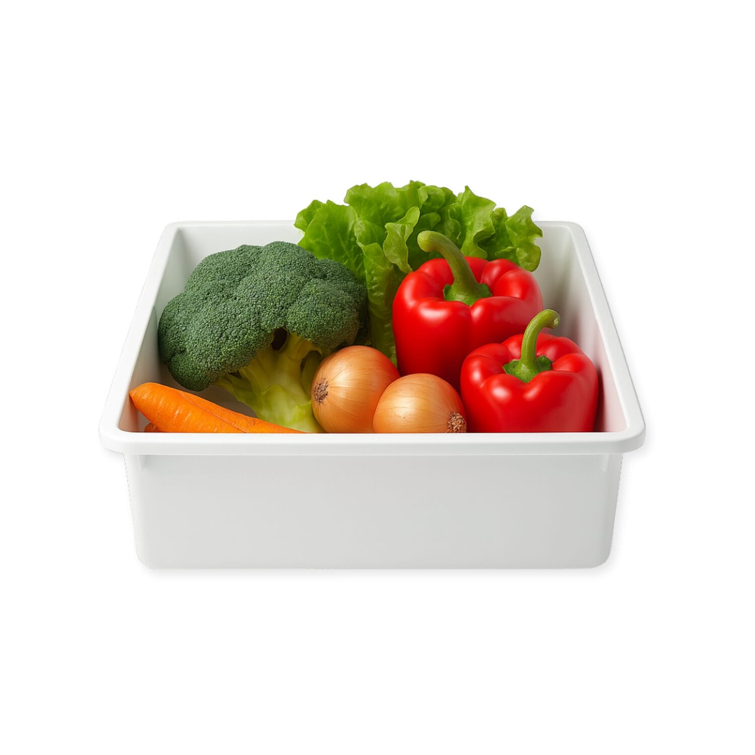 vaschetta-bianca-principale Contenitore alimentare bianco 15 litri con verdure fresche broccoli carote peperoni