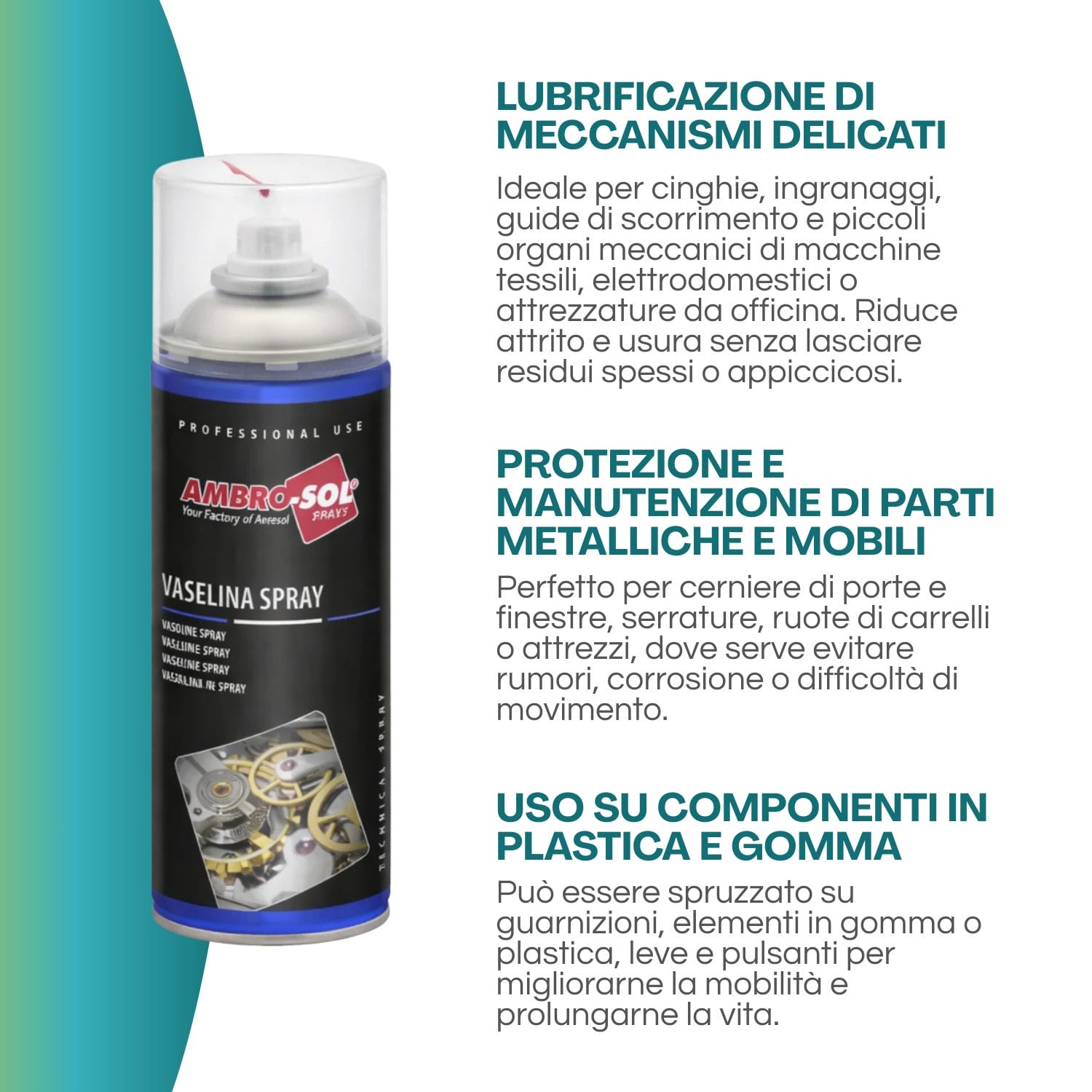 vaselina spray utilizzi Vaselina spray Ambro-Sol per lubrificazione meccanismi, metallo, plastica e gomma