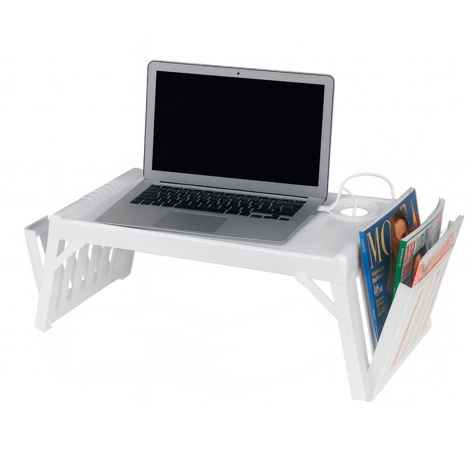 Tavolino vassoio multifunzione bianco con supporto notebook e porta riviste